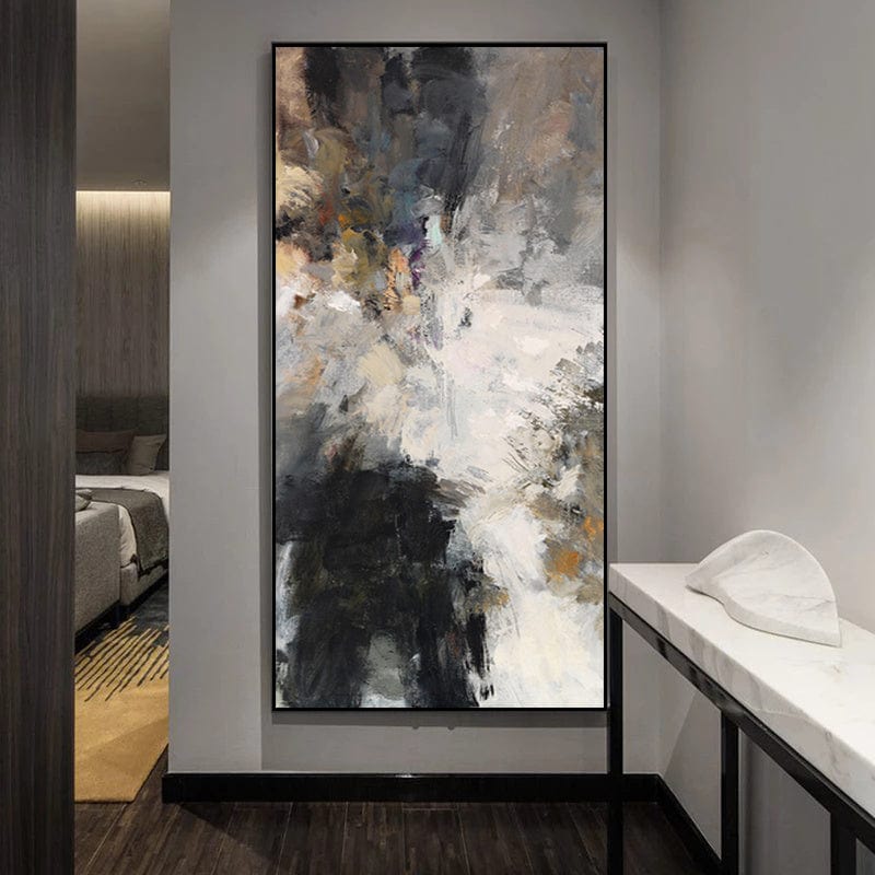 Abstract black and white smudge wall art, vertical painting with expressive brushstrokes and neutral tones