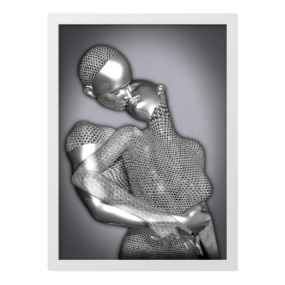 Silver mesh sculpture of a person against a gray background