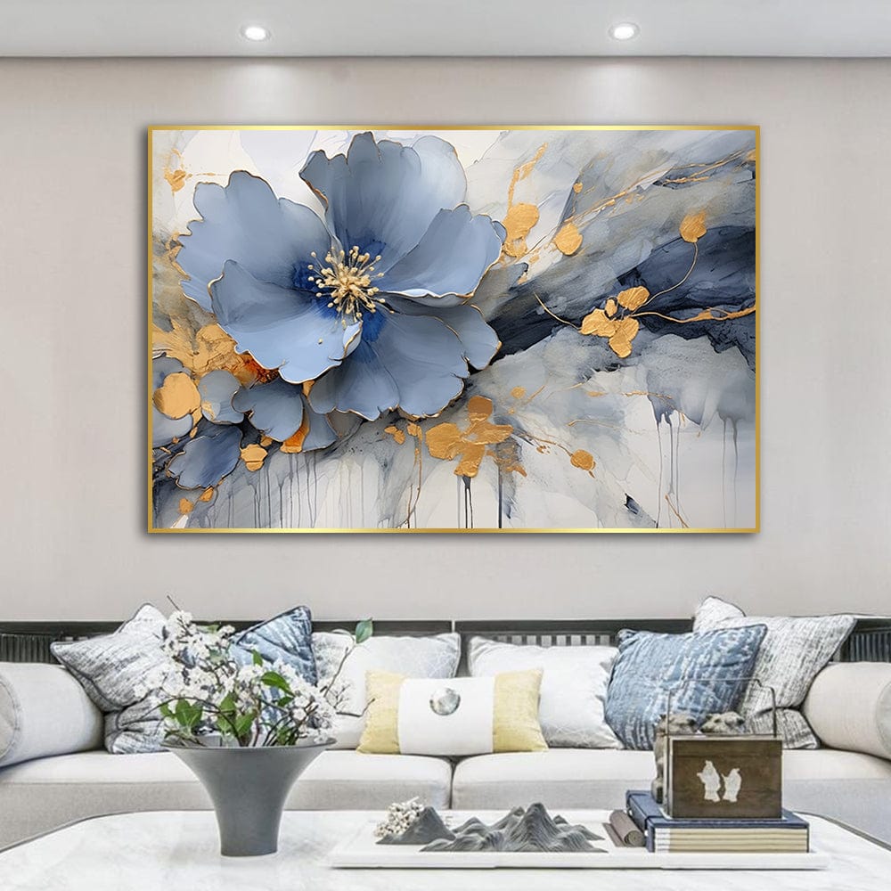 Abstract blue flower wall art, dusty blue petals with gold leaf accents and grey background