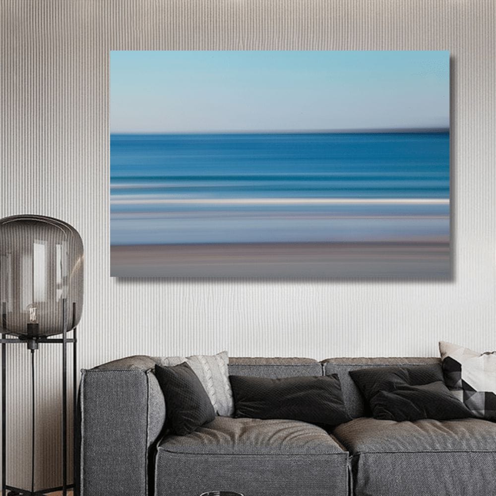 Calm ocean landscape wall art, minimalist blue water and sand print