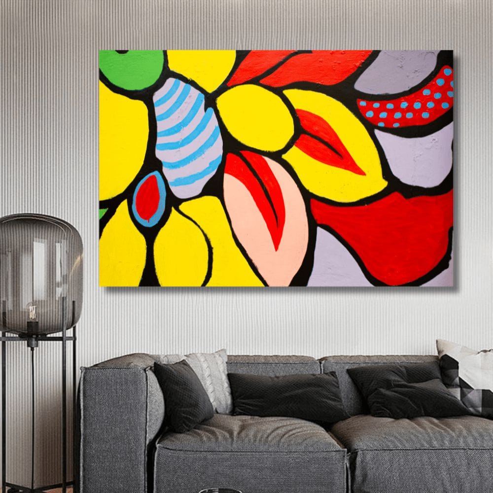 Abstract floral painting wall art, bright yellow petals, bold red accents and blue patterns with thick black outlines