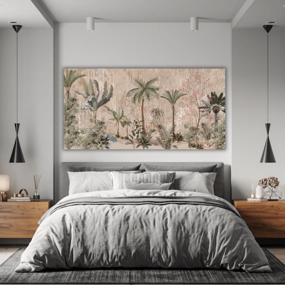 Vintage Forest wall art, tropical landscape painting with lush palms and ferns in soft greens and warm neutrals above a bed
