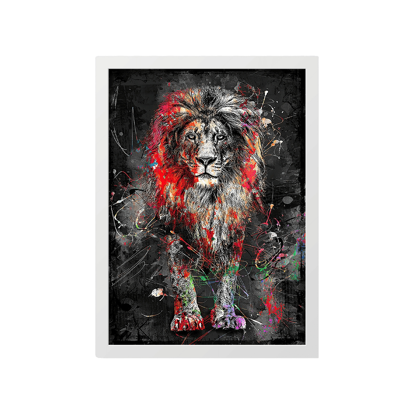 Colorful lion painting on a black background with a white frame
