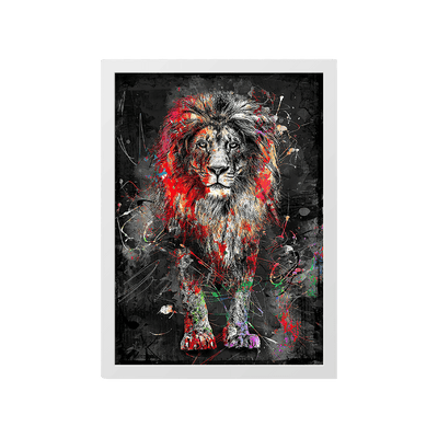 Colorful lion painting on a black background with a white frame