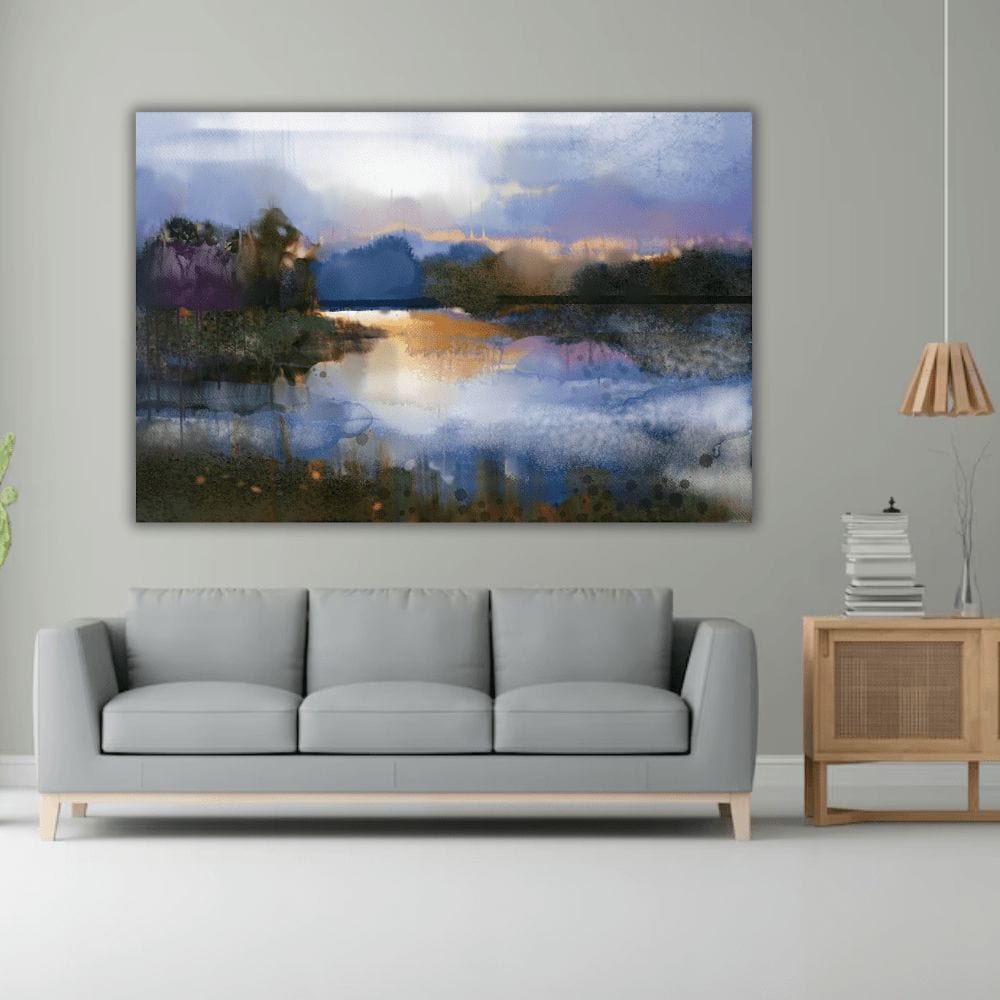 Abstract blue and amber landscape wall art, dreamy watercolor scene with a mirrored waterline and glowing sunset