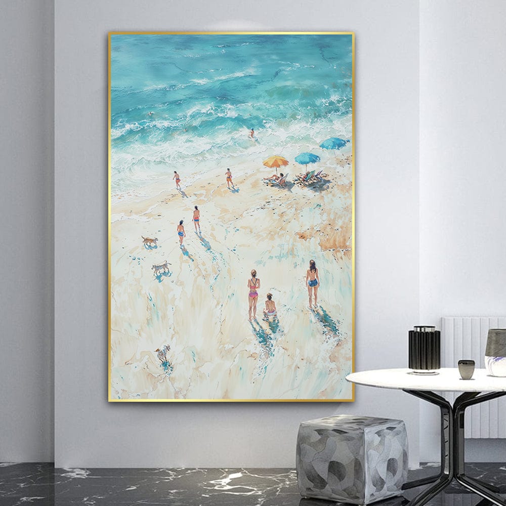Blue ocean beach landscape wall art, aerial view of people walking on sand and blue umbrellas near turquoise waves