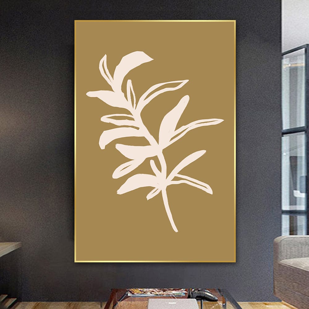 Abstract botanical branch wall art, white plant drawing on a mustard yellow background in a golden frame