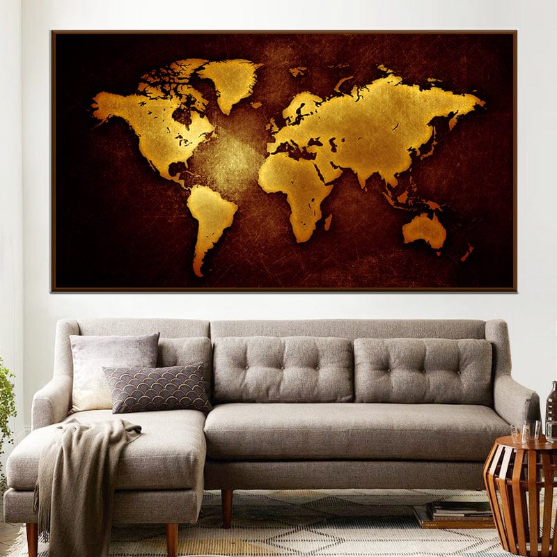 Retro world map wall art, vintage gold cartography with aged dark textures above a sectional sofa