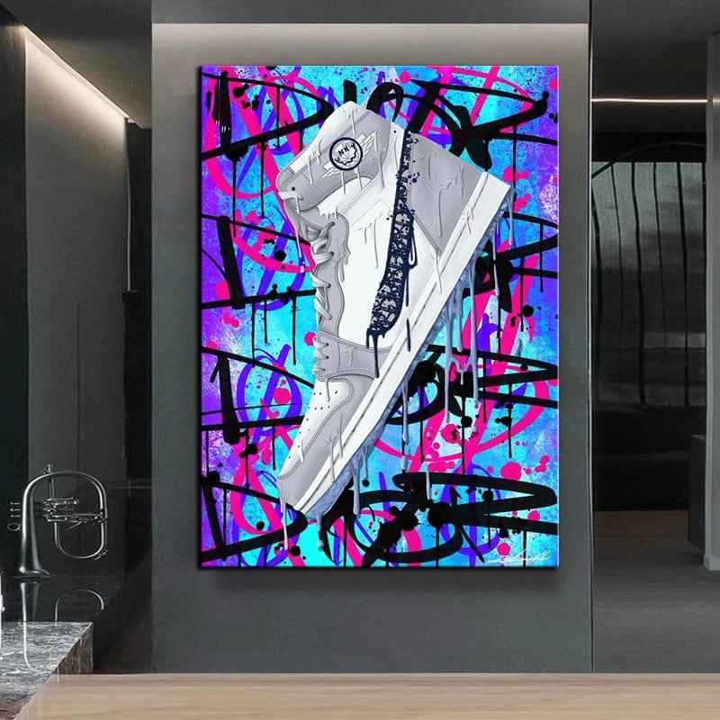 Luxury 1's Graffiti Sneakers wall art print, vibrant urban sneaker painting with purple and blue spray paint