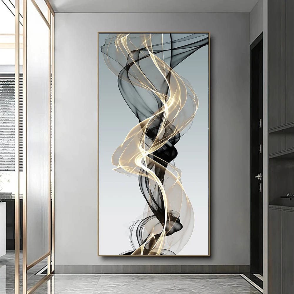 Abstract black and gold swirl wall art, fluid smoky lines in a vertical composition on a hallway wall
