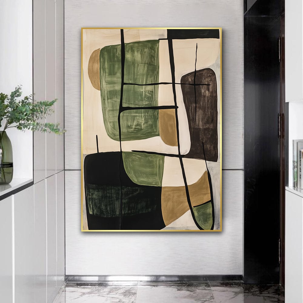 Abstract green and brown wall art, organic shapes and black lines in a gold frame on a hallway wall