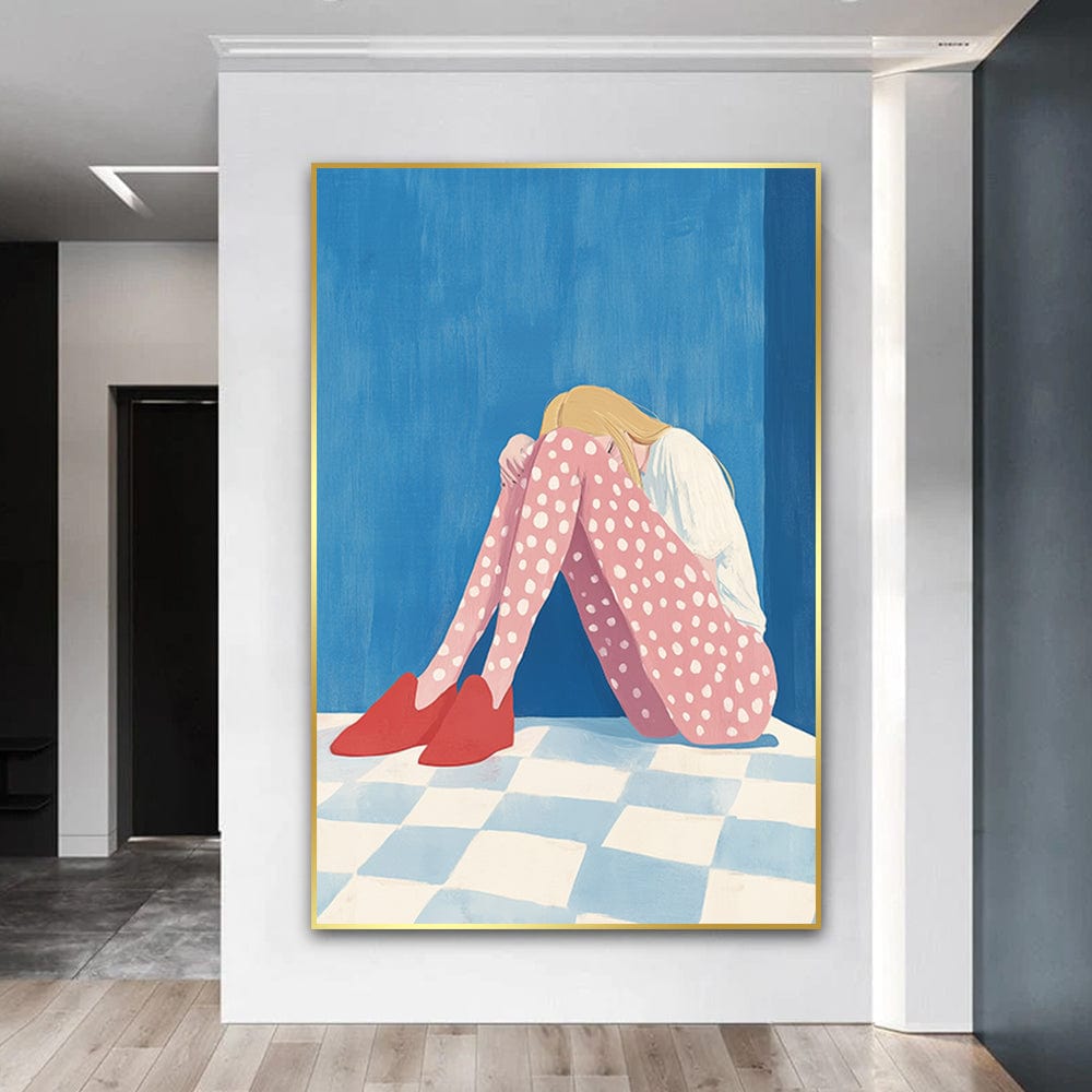 Abstract woman portrait wall art, female figure sitting on a checkered floor in pink polka dot tights and red shoes