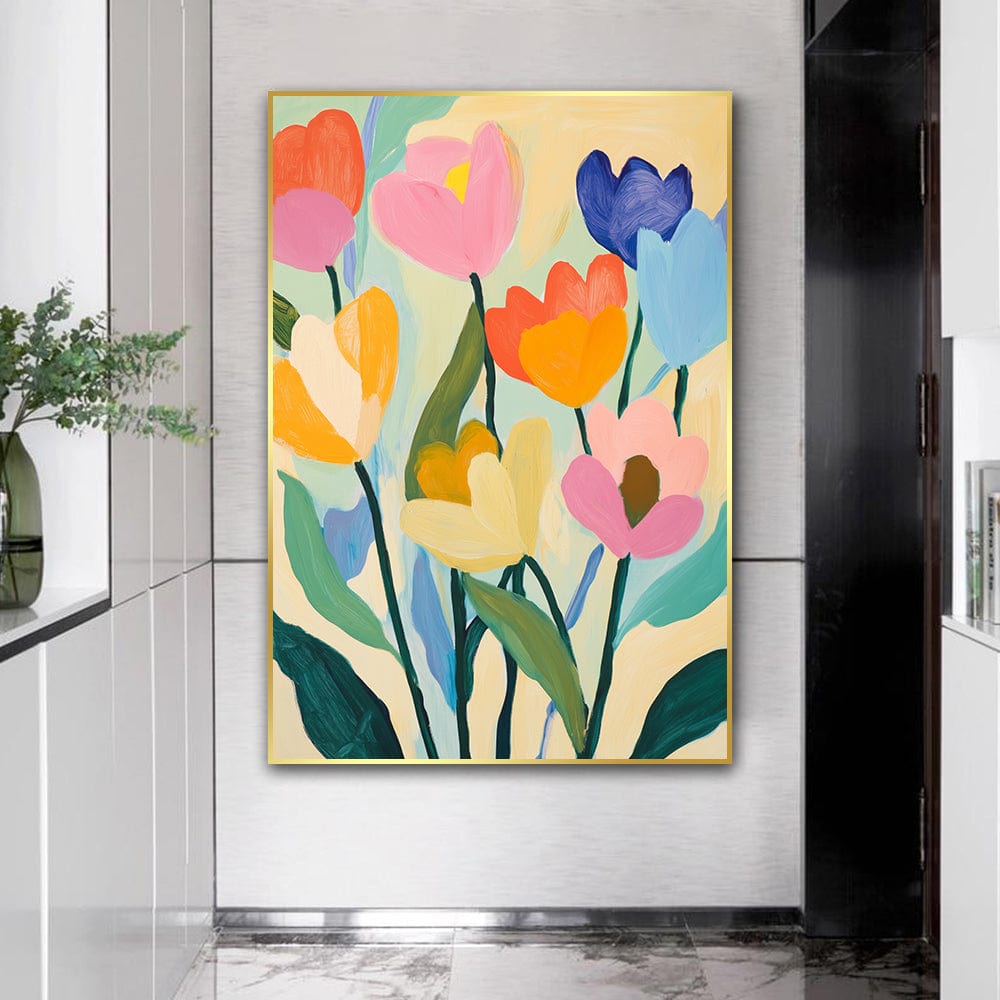 Colorful tulip flower wall art print, vibrant abstract floral painting with pink, orange, yellow and blue blossoms