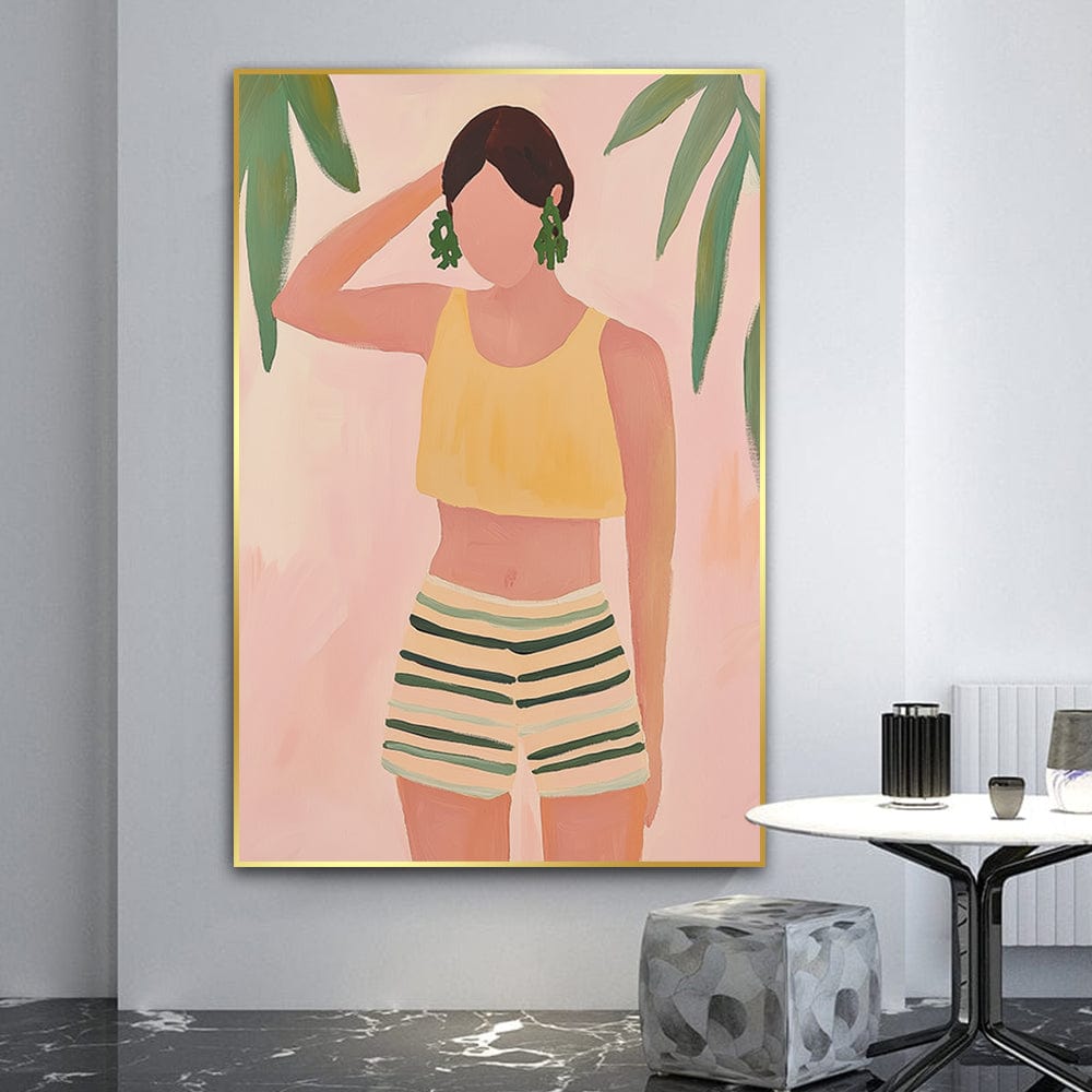 Faceless woman wall art, figure in yellow crop top and green striped shorts with palm leaves on blush pink, gold frame