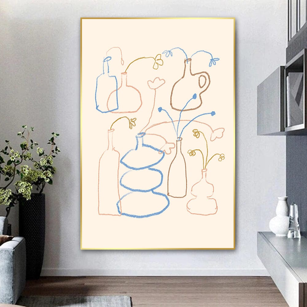 Abstract vases and flowers line art print, blue and peach outlines on a cream background wall art