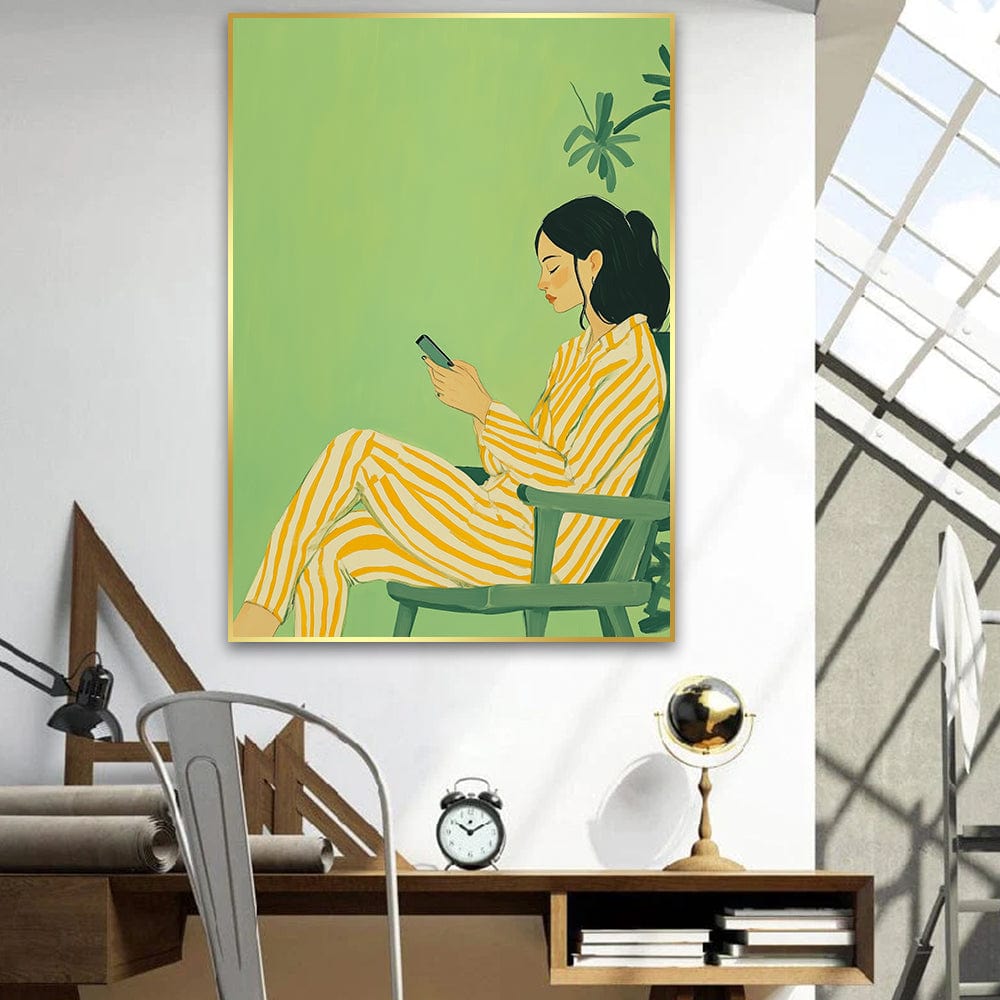 Green and yellow woman portrait wall art, poised figure in striped loungewear sitting in a green chair looking at a phone
