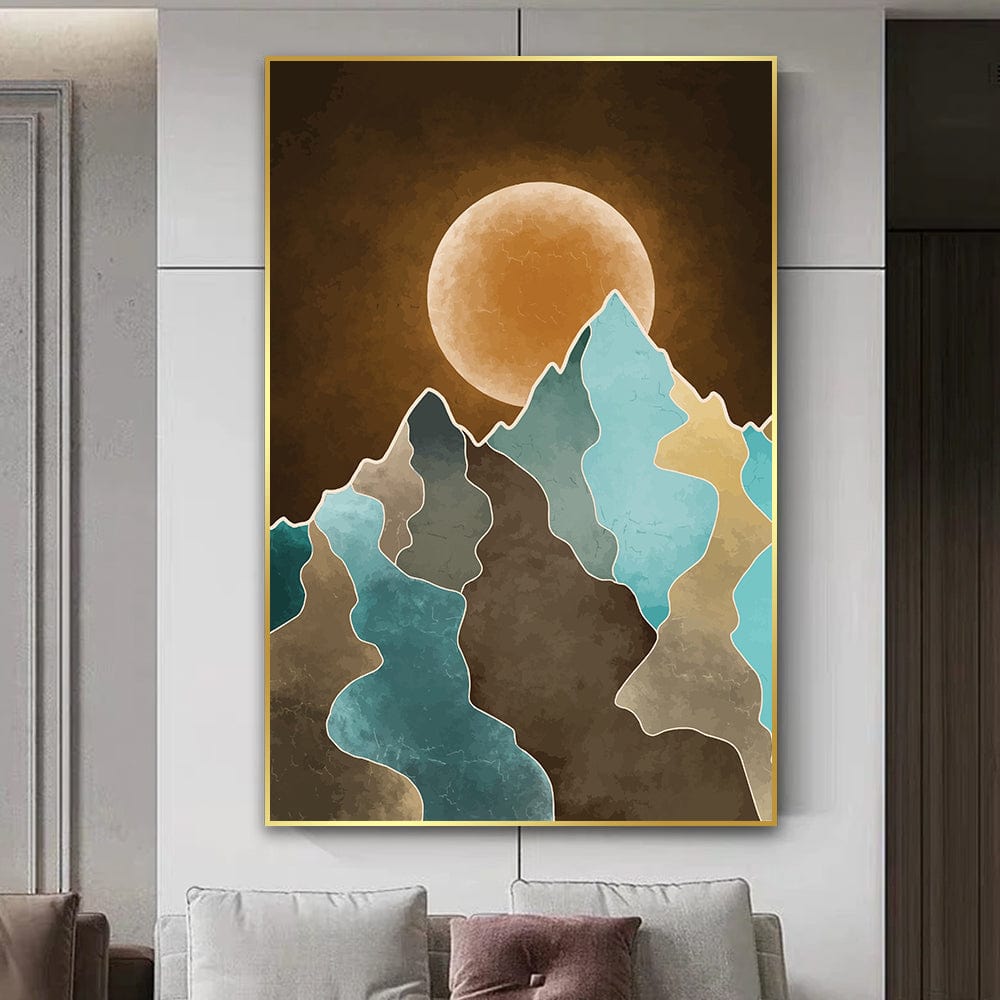 Abstract mountain and moon landscape wall art, blue and brown peaks with gold outlines under a large golden moon