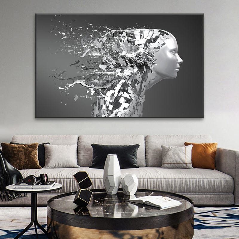 Abstract silver android woman wall art, grey head shattering into geometric fragments hanging above a living room sofa