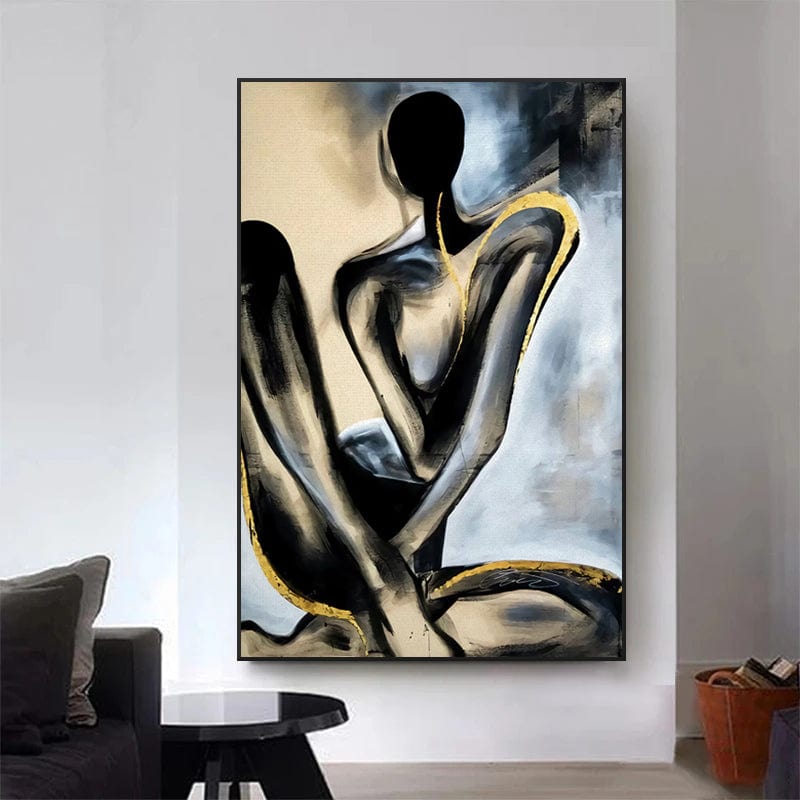 Abstract humanoid figure wall art, black and blue portrait with gold leaf accents on matte paper