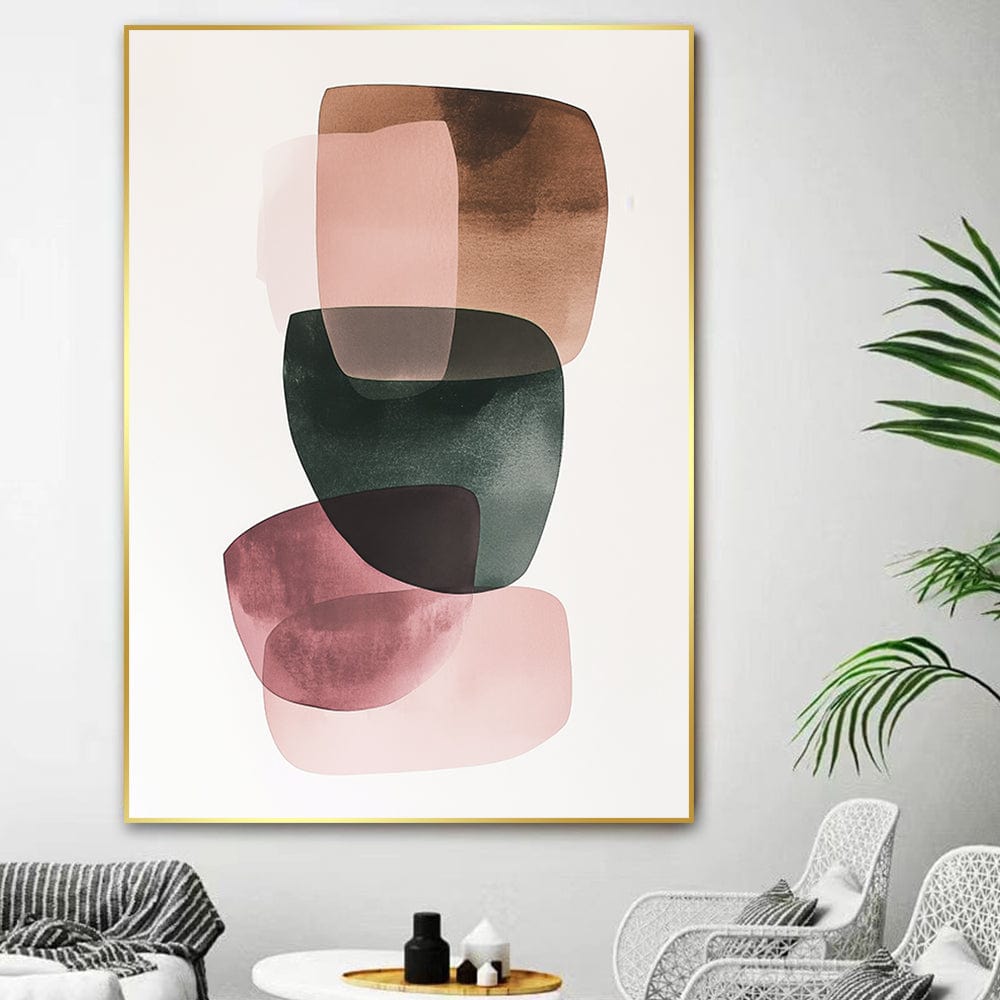 Abstract shapes wall art, minimalist pink, brown and green watercolor painting in a thin gold frame
