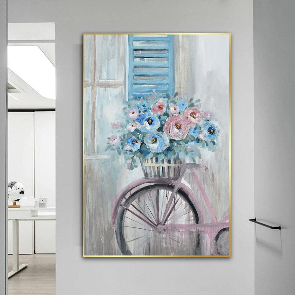 Pastel bicycle wall art, vintage bicycle with a basket of blue and pink flowers in front of a blue shutter window