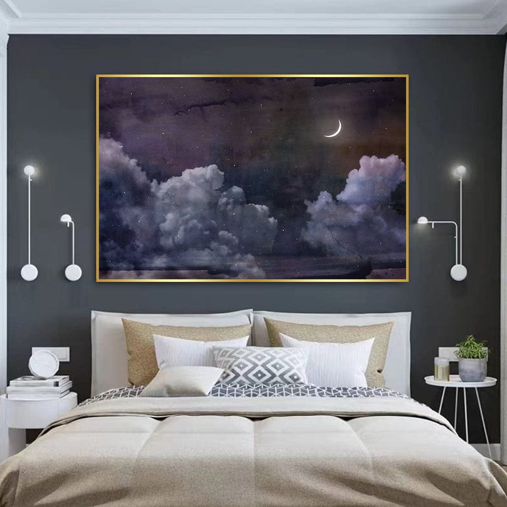 Night moon landscape wall art, crescent moon over purple clouds and starry night sky above a bed