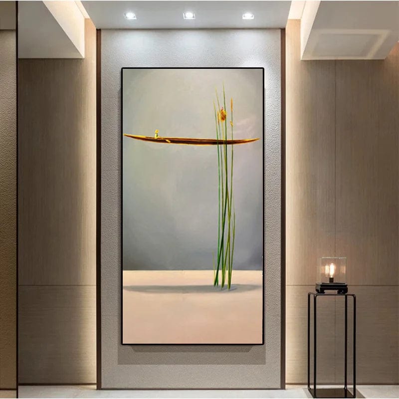 Abstract landscape painting wall art, minimalist scene with a tiny boat and tall green reeds in neutral tones