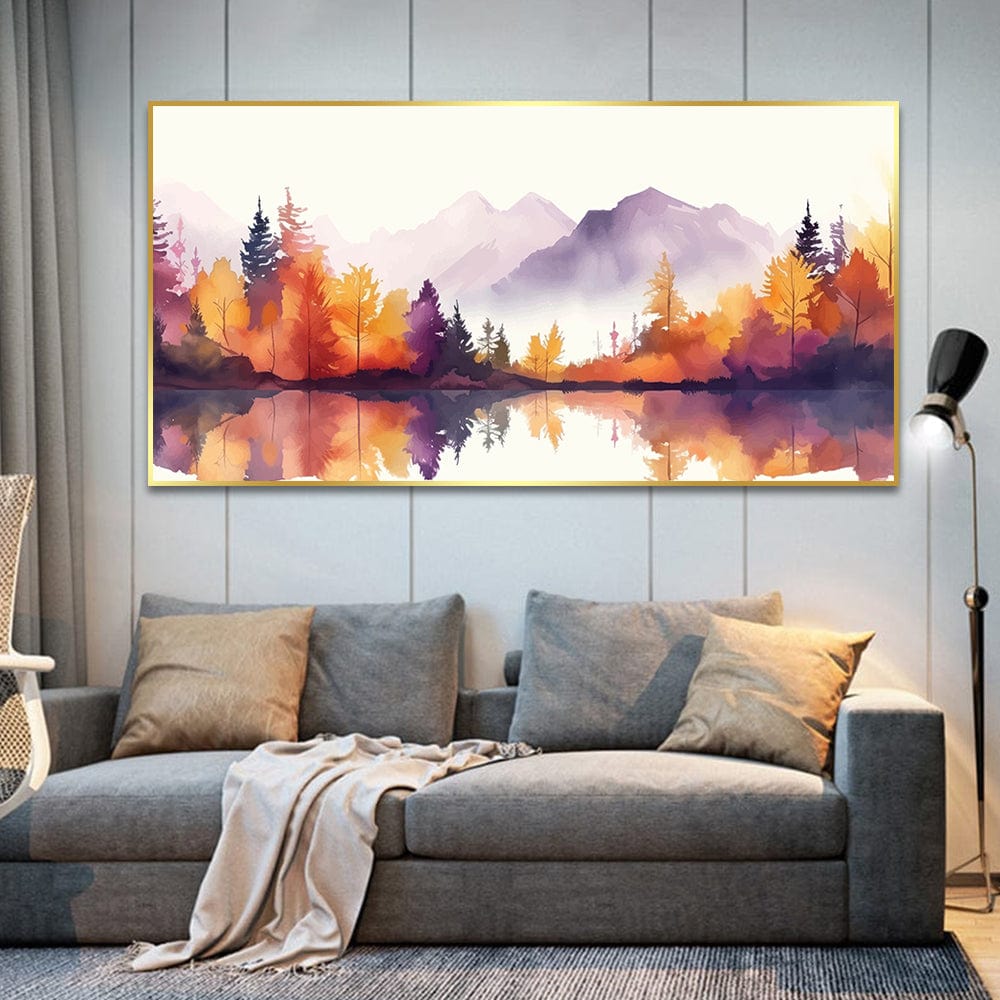 Autumn forest landscape wall art, golden trees reflecting in a tranquil lake beneath misty mountains