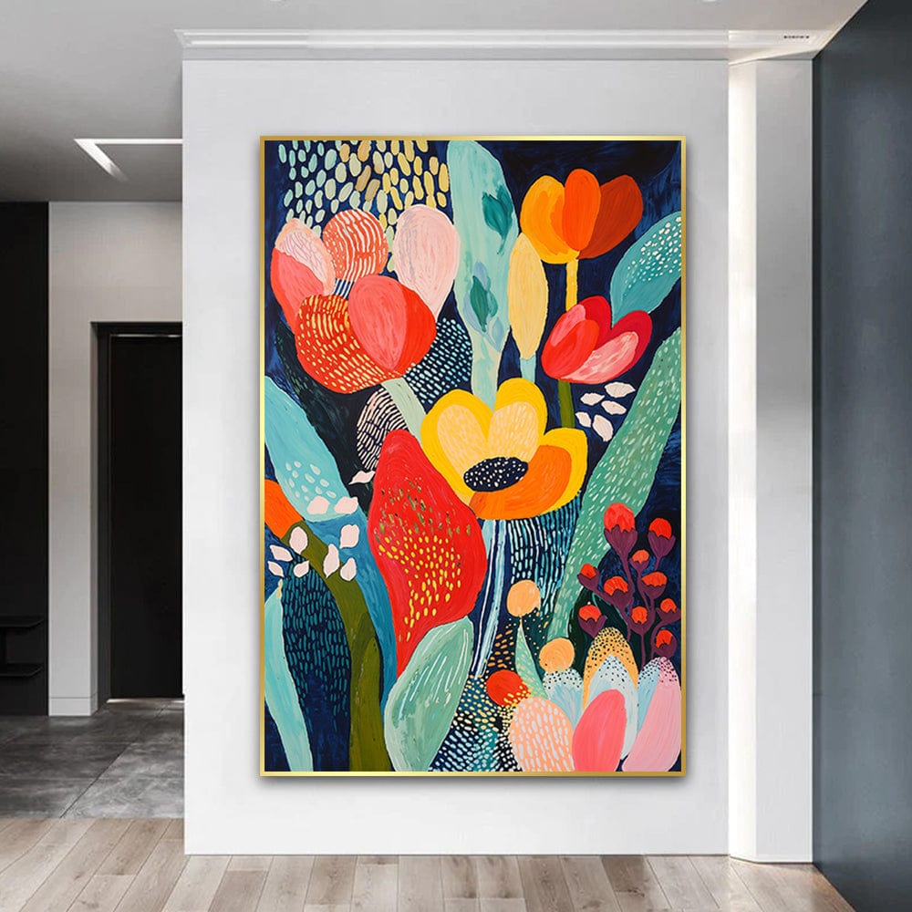 Abstract floral painting wall art, colorful red, orange, and yellow flowers on dark blue background with gold frame