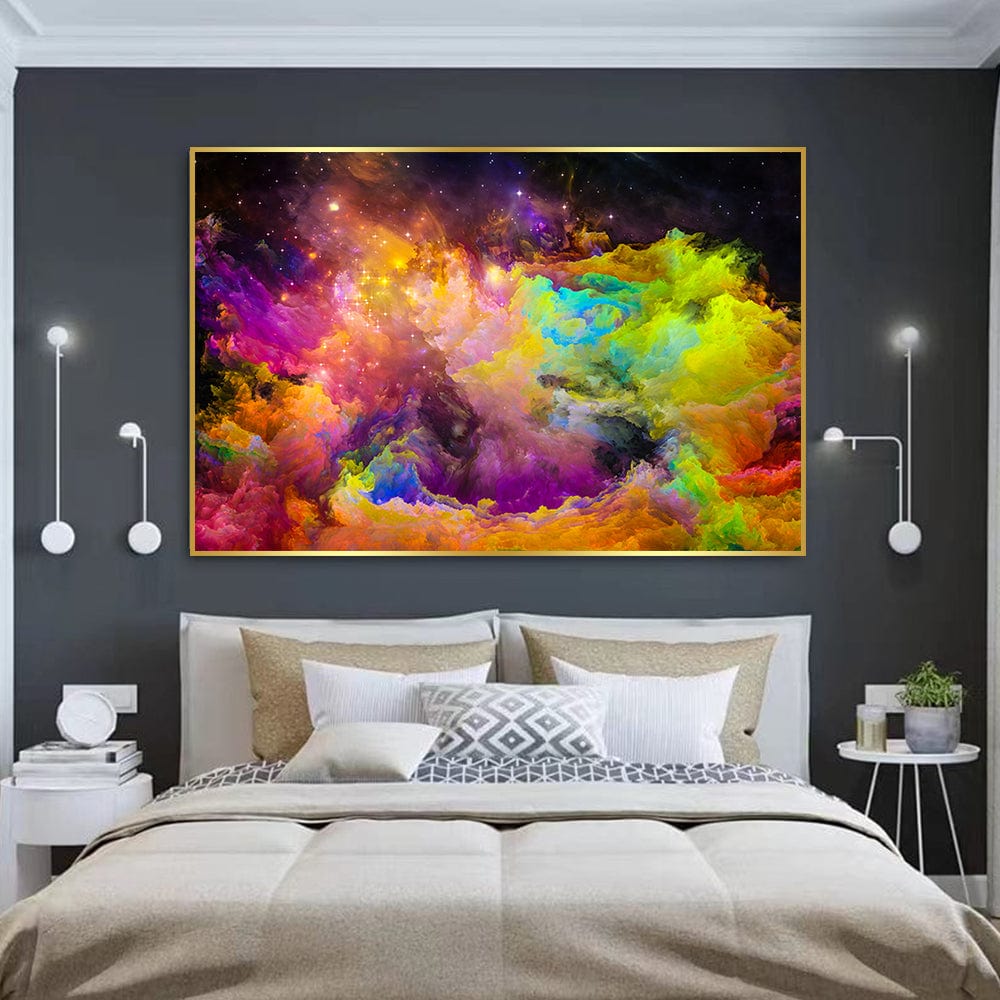 Vibrant cosmic galaxy landscape wall art, colorful star-lit nebula with purple, green, and yellow clouds hanging in a bedroom