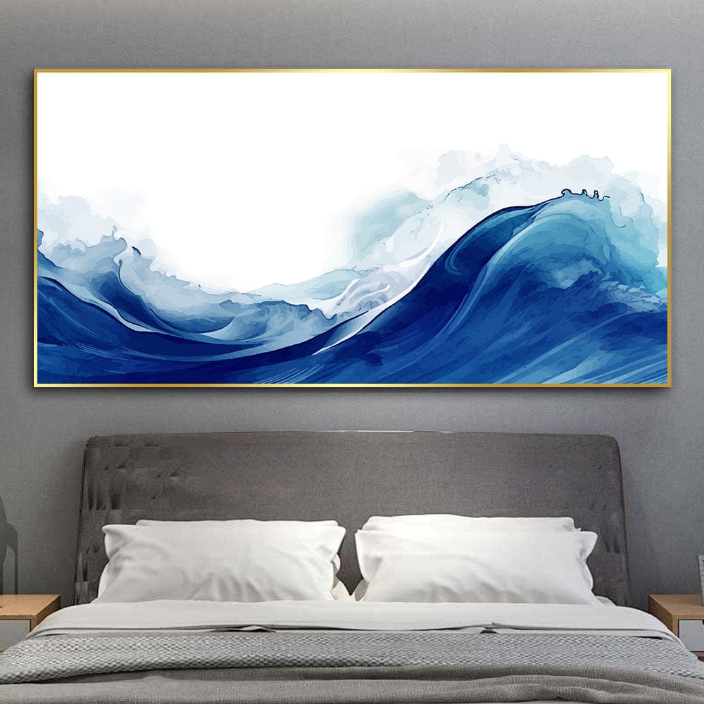 Blue ocean landscape wall art, sweeping watercolor waves in dark blue and white above a bed