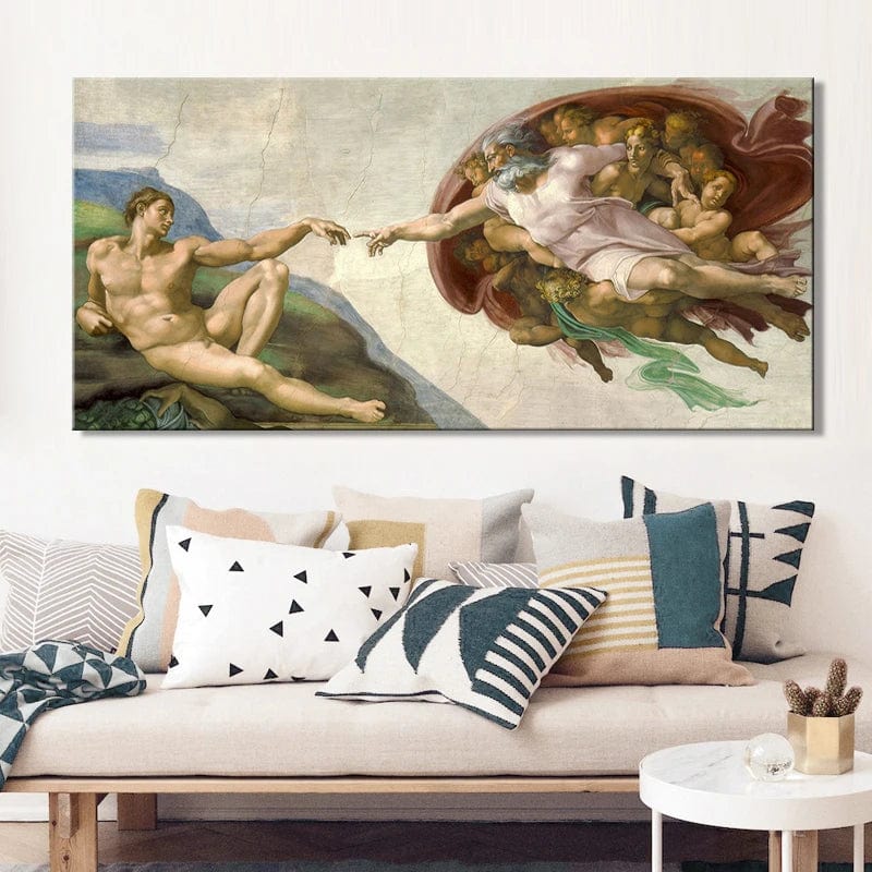 The Creation of Adam Renaissance painting print wall art, classic masterpiece showing God and Adam reaching out