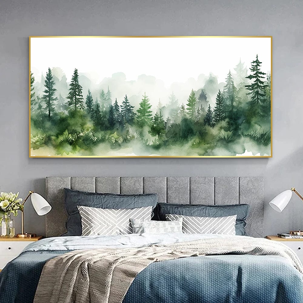 Watercolor forest landscape wall art, green pine trees in mist on a cold morning