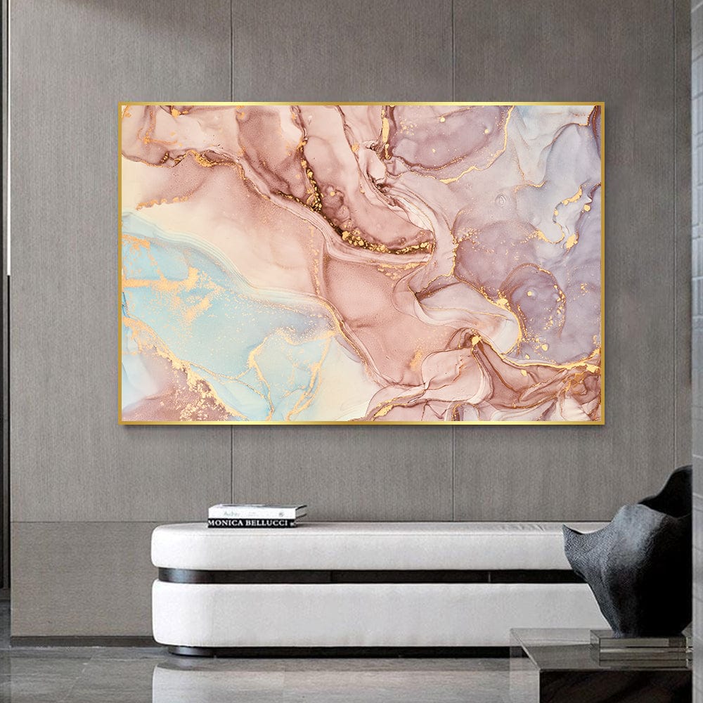 Abstract pink and gold landscape wall art, soft earthy swirls with gold leaf accents in a thin gold frame