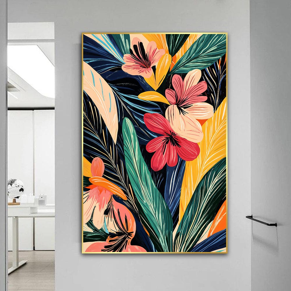 Abstract tropical flowers and leaves wall art, colorful botanical print with red, pink, yellow, and green foliage