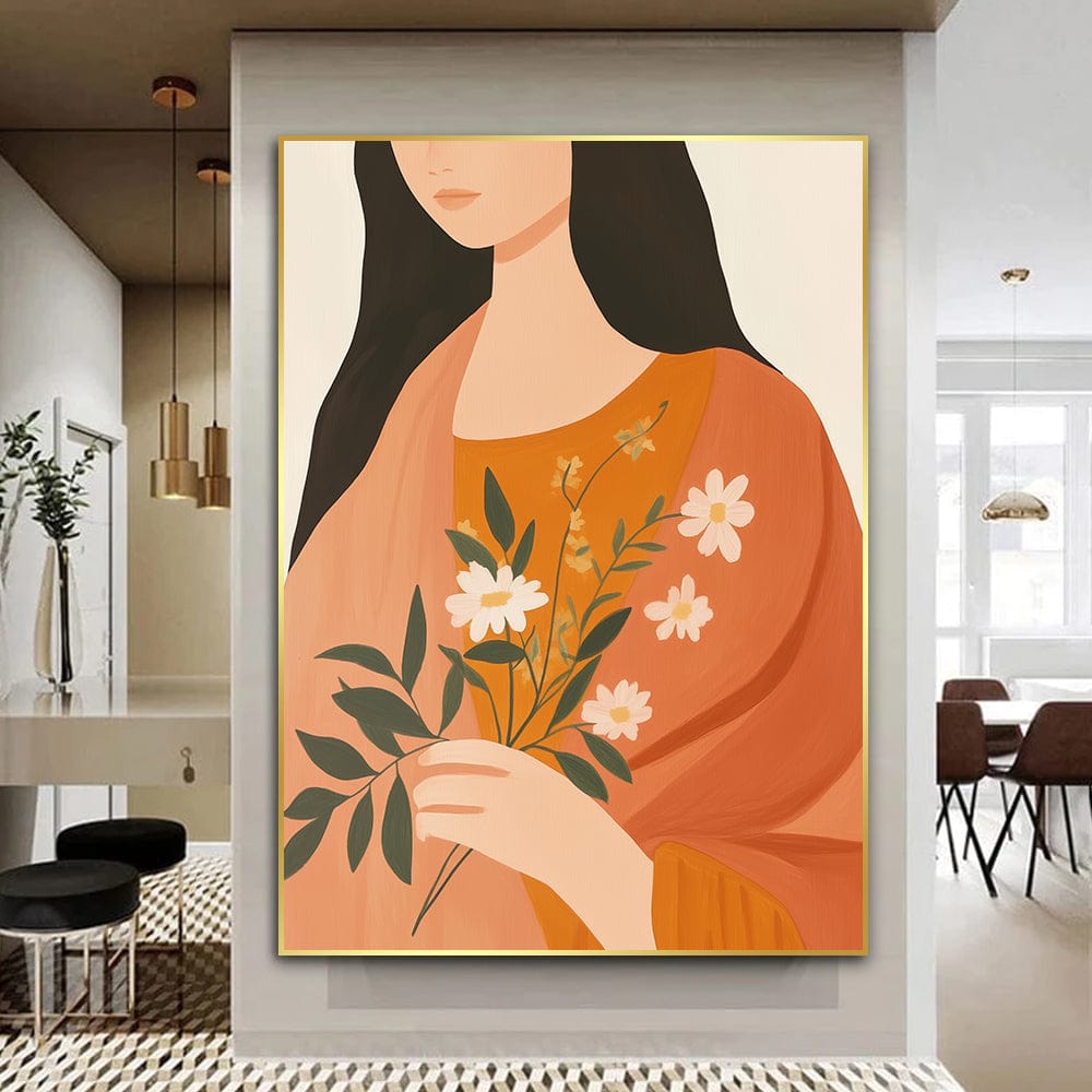 Abstract woman portrait wall art, graceful female figure in orange drapery holding white daisies and green sprigs