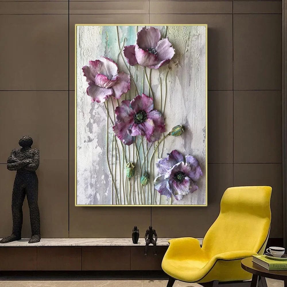 Flourishing Flowers wall art, purple poppy botanical painting with textured violet blooms on a light distressed background