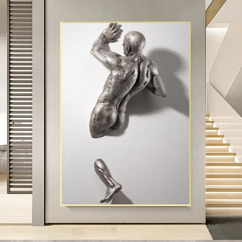 Modern silver man portrait wall art, figure trapped in a wall with grey and silver tones