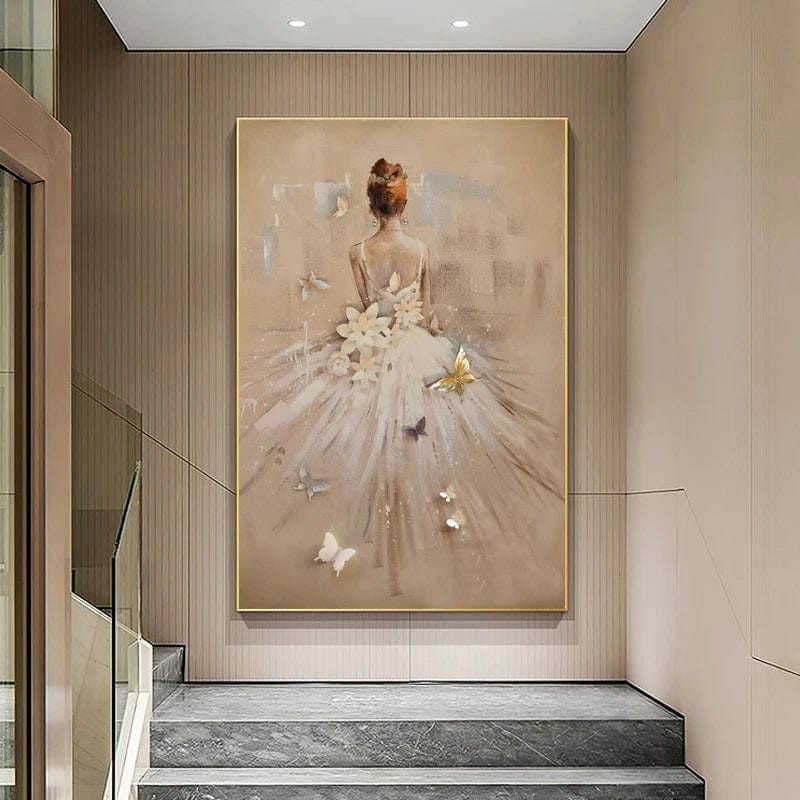 Abstract ballerina wall art, dancer seen from behind in a white tutu with flowers and gold butterflies, framed in a stairwell