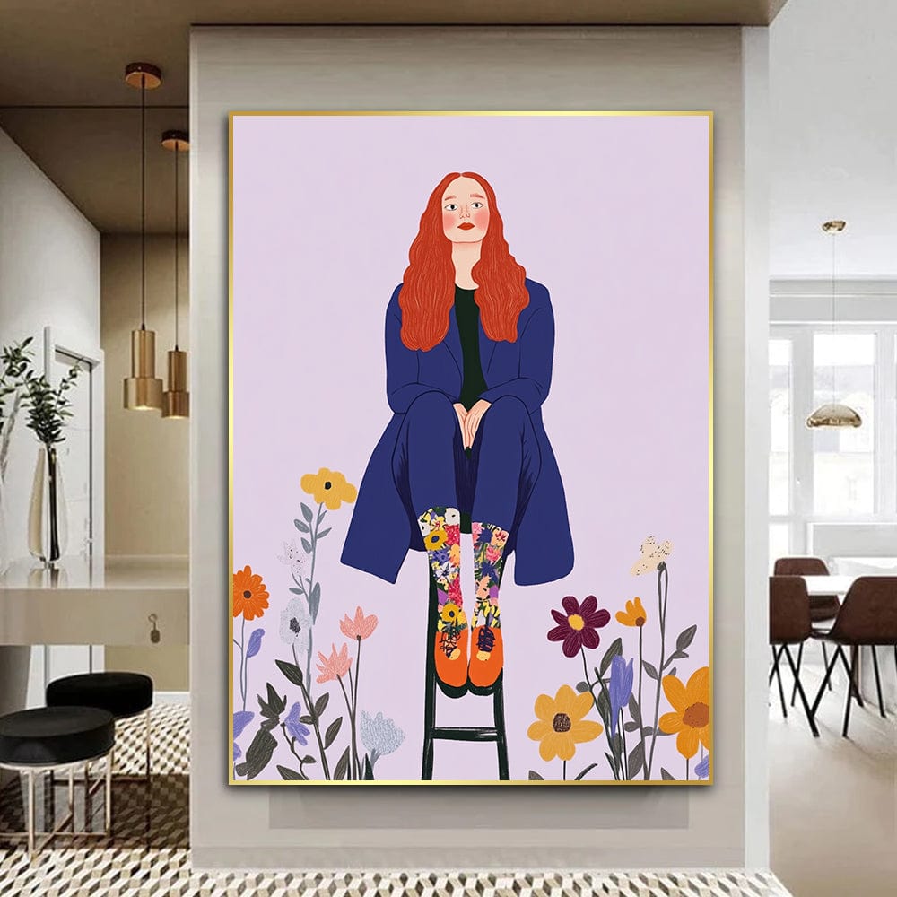 Stylized woman portrait wall art, red haired figure seated on stool among colorful flowers on lavender background
