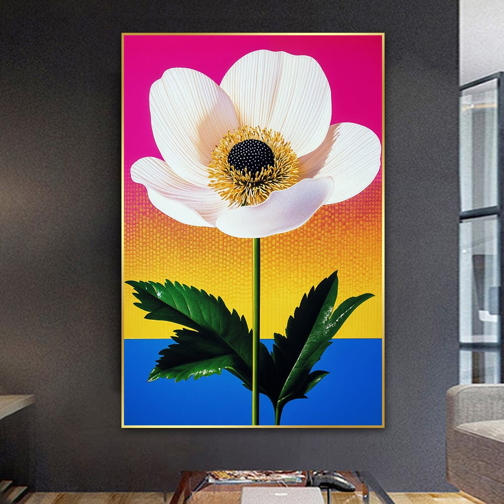 White flower botanical wall art, vibrant floral painting with a white blossom against pink, yellow, and blue background