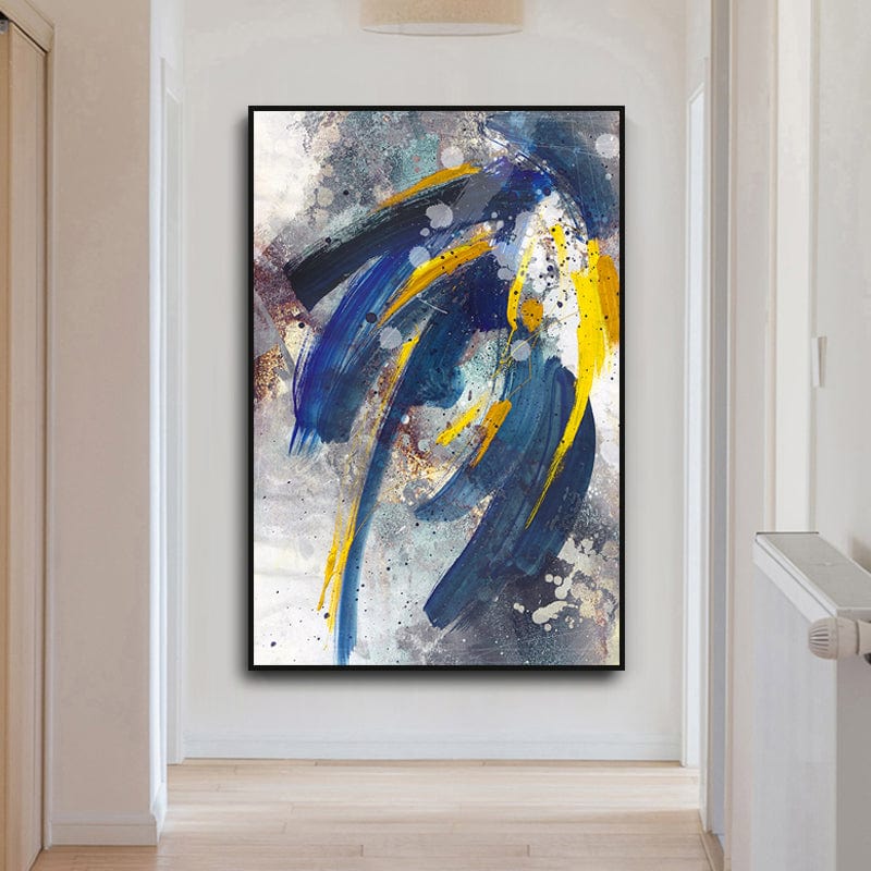Blue and yellow abstract wall art print featuring dynamic brushstrokes hanging in a narrow hallway