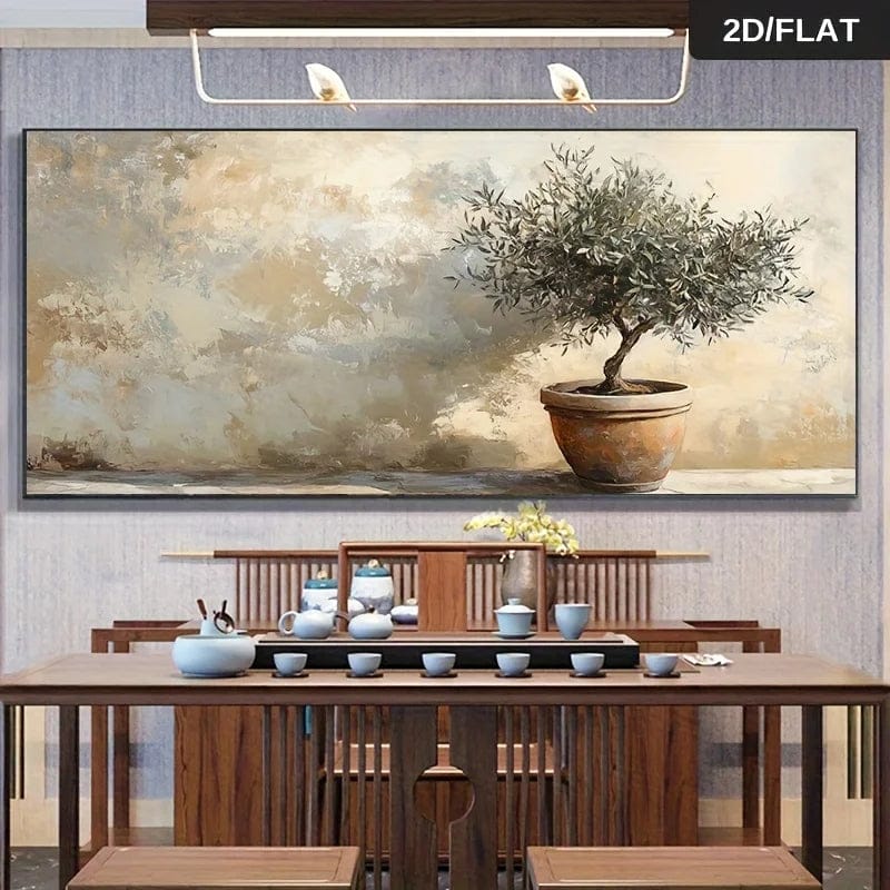 Rustic Shadow wall art, solitary olive tree in a terracotta pot against a textured background above a dining table