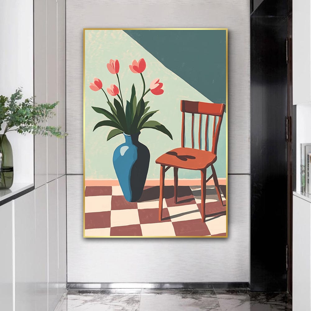 Floral still life wall art print, red tulips in a blue vase and a wooden chair on a checkered floor