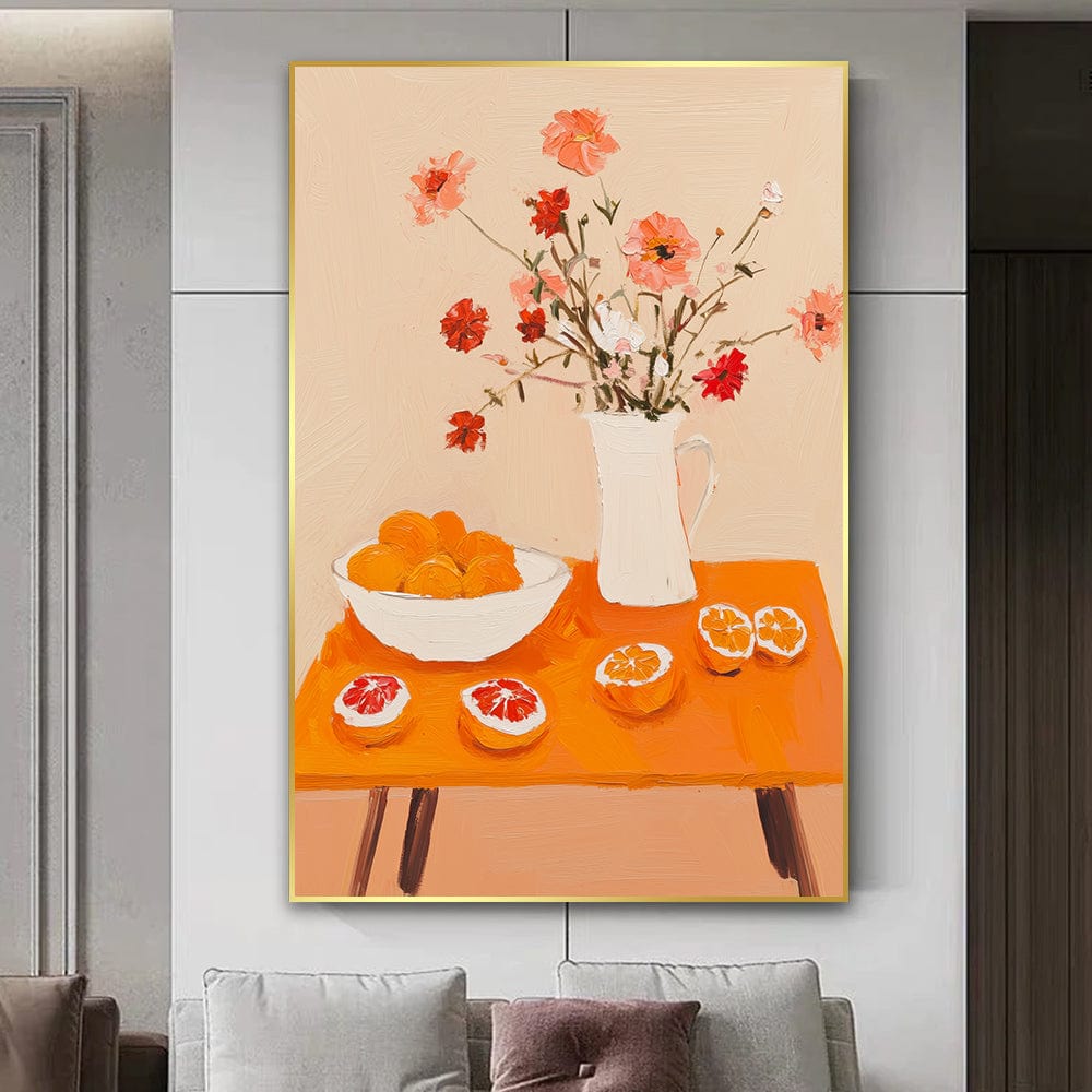 Citrus still life wall art, orange table with wildflowers and citrus fruits in a white pitcher on a peach background