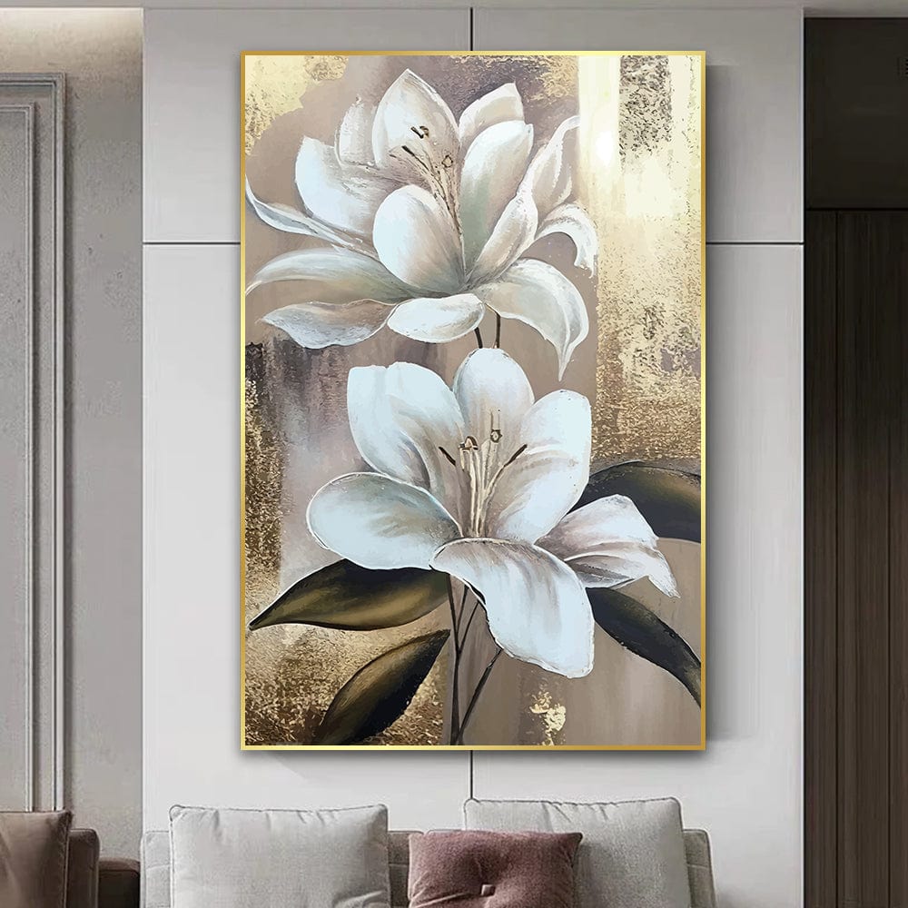 Abstract white stargazer lily flower wall art with gold leaf accents over a neutral background