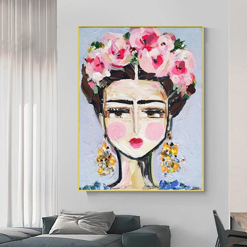 Frida Kahlo wall art, abstract watercolor portrait of a woman with pink floral crown in a thin gold frame