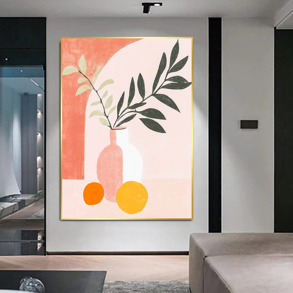 Botanical wall art print, white vase with dark green leaves and citrus fruit on a soft coral backdrop