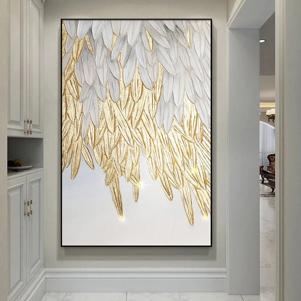 Abstract white and gold feather wall art, angel wing painting with glowing gold leaf details hanging in a hallway