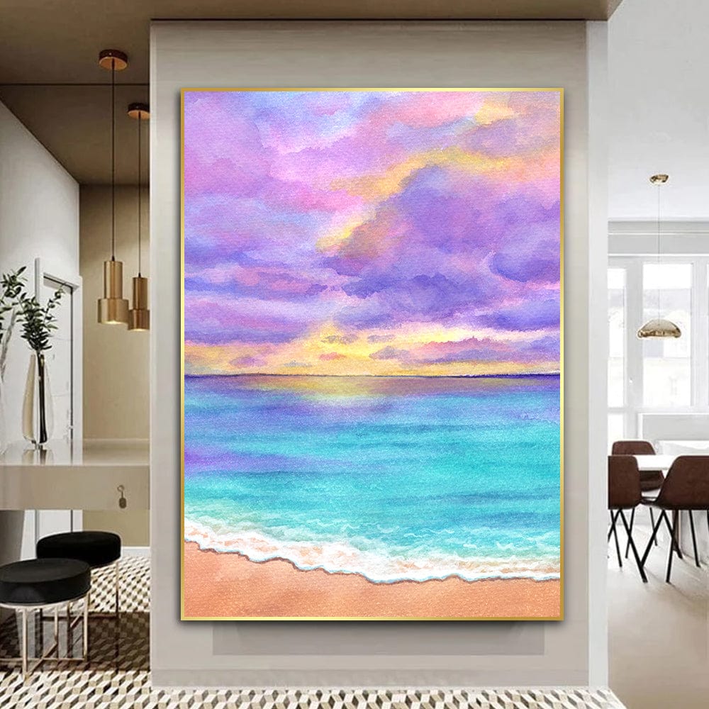 Pastel beach sunset wall art, watercolor style ocean waves and purple clouds with gold frame